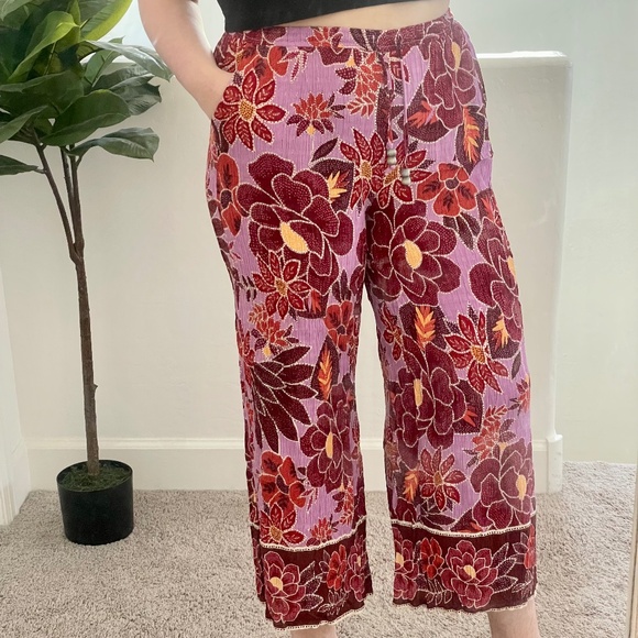 Palazzo Floral Hipster Hippie Artsy Boho Bohemian Girly Wide Pullon Crop Pants - Picture 1 of 6
